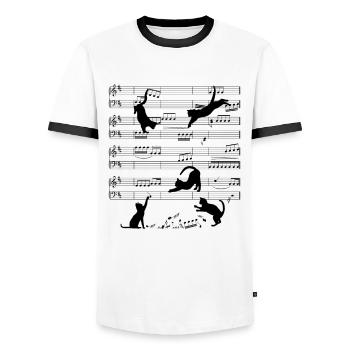 Katzen auf Notenlinien - Männer Kontrast-T-Shirt - Weiß/Schwarz - Vorne - AI Model Female 172 light (172cm) & AI Model Male 178 dark (178cm)