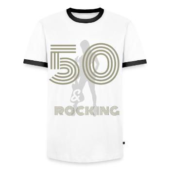 Electric Guitar Mrs. Still Rocking - 50th Birthday - Men's Ringer Shirt - white/black - Front - AI Model Female 172 light (172cm) & AI Model Male 178 dark (178cm)