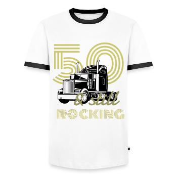 LKW Fahrer Trucker Still Rocking - 50. Geburtstag - Männer Kontrast-T-Shirt - Weiß/Schwarz - Vorne - AI Model Female 172 light (172cm) & AI Model Male 178 dark (178cm)
