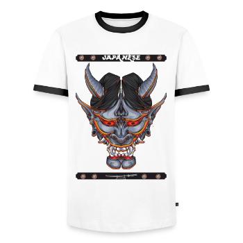 Japanese Mask - Men's Ringer Shirt - white/black - Front - AI Model Female 172 light (172cm) & AI Model Male 178 dark (178cm)
