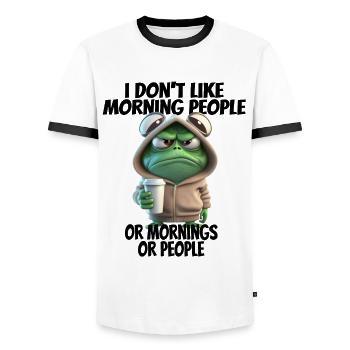 C’est drôle de dire que je n’aime pas les gens du matin... - T-shirt contrasté Homme - blanc/noir - Devant - AI Model Female 172 light (172cm) & AI Model Male 178 dark (178cm)