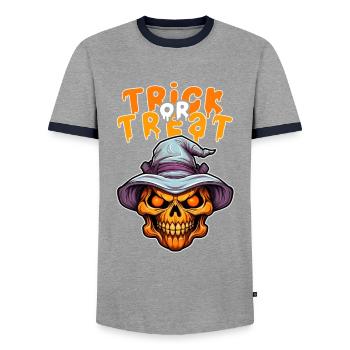 Halloween Design Creepy Skeleton Design - Men's Ringer Shirt - grey/navy  - Front - AI Model Female 172 light (172cm) & AI Model Male 178 light (178cm)