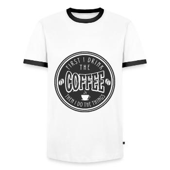 First I Drink the Coffee Then I Do the Things - Men's Ringer Shirt - white/black - Front - AI Model Female 172 light (172cm) & AI Model Male 178 dark (178cm)