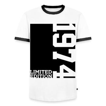 LIMITED EDITION 1974 52ND BIRTHDAY - Men's Ringer Shirt - white/black - Front - AI Model Female 172 light (172cm) & AI Model Male 178 dark (178cm)
