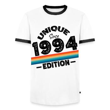 Unique since 1994 Edition Birthday Vintage 1994 - Men's Ringer Shirt - white/black - Front - AI Model Female 172 light (172cm) & AI Model Male 178 dark (178cm)
