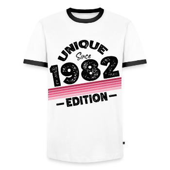Unique Since 1982 Edition Birthday Vintage 1982 - Men's Ringer Shirt - white/black - Front - AI Model Female 172 light (172cm) & AI Model Male 178 dark (178cm)