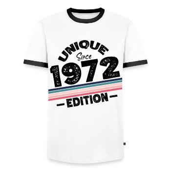 Unique Since 1972 Edition Birthday Vintage 1972 - Men's Ringer Shirt - white/black - Front - AI Model Female 172 light (172cm) & AI Model Male 178 dark (178cm)