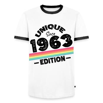 Unique depuis 1963 Edition Anniversaire Millésime 1963 - T-shirt contrasté Homme - blanc/noir - Devant - AI Model Female 172 light (172cm) & AI Model Male 178 dark (178cm)