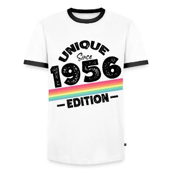 Unique Since 1956 Edition Birthday Vintage 1956 - Men's Ringer Shirt - white/black - Front - AI Model Female 172 light (172cm) & AI Model Male 178 dark (178cm)