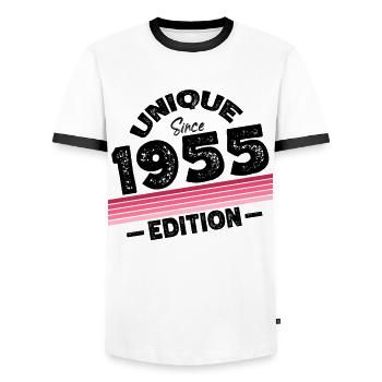 Unique depuis 1955 Edition Anniversaire Millésime 1955 - T-shirt contrasté Homme - blanc/noir - Devant - AI Model Female 172 light (172cm) & AI Model Male 178 dark (178cm)
