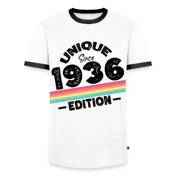 Unique depuis 1936 Edition Anniversaire Millésime 1936 - T-shirt contrasté Homme - blanc/noir - Devant - AI Model Female 172 light (172cm) & AI Model Male 178 dark (178cm)