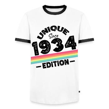 Unique depuis 1934 Edition Anniversaire Millésime 1934 - T-shirt contrasté Homme - blanc/noir - Devant - AI Model Female 172 light (172cm) & AI Model Male 178 dark (178cm)