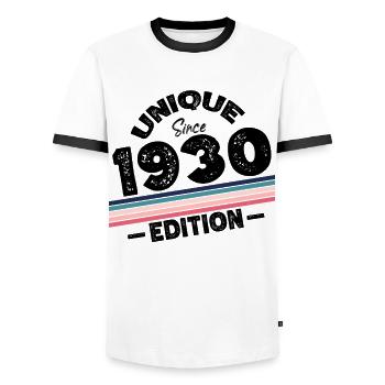 Unique depuis les années 1930 édition anniversaire Vintage des années 1930 - T-shirt contrasté Homme - blanc/noir - Devant - AI Model Female 172 light (172cm) & AI Model Male 178 dark (178cm)
