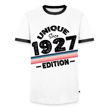 Unique Since 1927 Edition Birthday Vintage 1927 - Men's Ringer Shirt - white/black - Front - AI Model Female 172 light (172cm) & AI Model Male 178 dark (178cm)