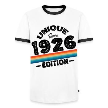 Unique Since 1926 Edition Birthday Vintage 1926 - Men's Ringer Shirt - white/black - Front - AI Model Female 172 light (172cm) & AI Model Male 178 dark (178cm)