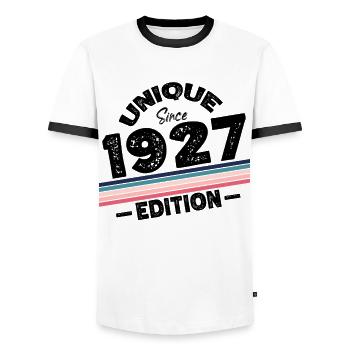 Unique Since 1927 Edition Birthday Vintage 1927 - Men's Ringer Shirt - white/black - Front - AI Model Female 172 light (172cm) & AI Model Male 178 dark (178cm)