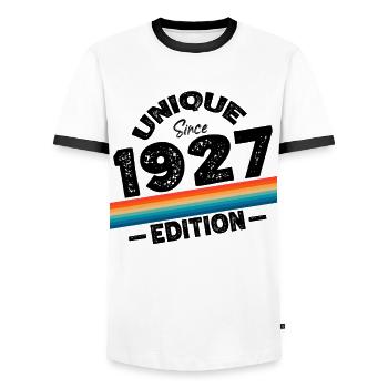 Unique Since 1927 Edition Birthday Vintage 1927 - Men's Ringer Shirt - white/black - Front - AI Model Female 172 light (172cm) & AI Model Male 178 dark (178cm)