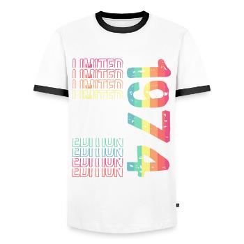 Edition limitée depuis 1974 Anniversaire Millésime 1974 - T-shirt contrasté Homme - blanc/noir - Devant - AI Model Female 172 light (172cm) & AI Model Male 178 dark (178cm)