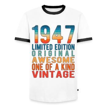 Edition limitée depuis 1947 Anniversaire Millésime 1947 - T-shirt contrasté Homme - blanc/noir - Devant - AI Model Female 172 light (172cm) & AI Model Male 178 dark (178cm)