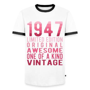 Limited Edition Since 1947 Birthday Vintage 1947 - Men's Ringer Shirt - white/black - Front - AI Model Female 172 light (172cm) & AI Model Male 178 dark (178cm)