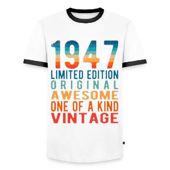 Limited Edition Since 1947 Birthday Vintage 1947 - Men's Ringer Shirt - white/black - Front - AI Model Female 172 light (172cm) & AI Model Male 178 dark (178cm)