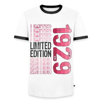 Edition limitée depuis 1929 Anniversaire Millésime 1929 - T-shirt contrasté Homme - blanc/noir - Devant - AI Model Female 172 light (172cm) & AI Model Male 178 dark (178cm)