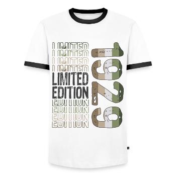 Edition limitée depuis 1929 Anniversaire Millésime 1929 - T-shirt contrasté Homme - blanc/noir - Devant - AI Model Female 172 light (172cm) & AI Model Male 178 dark (178cm)