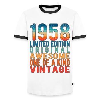 Limited Edition Since 1958 Birthday Vintage 1958 - Men's Ringer Shirt - white/black - Front - AI Model Female 172 light (172cm) & AI Model Male 178 dark (178cm)