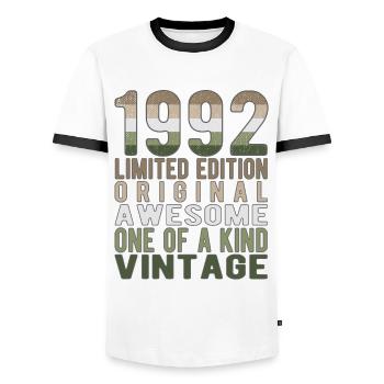 Edition limitée depuis 1992 Anniversaire Millésime 1992 - T-shirt contrasté Homme - blanc/noir - Devant - AI Model Female 172 light (172cm) & AI Model Male 178 dark (178cm)