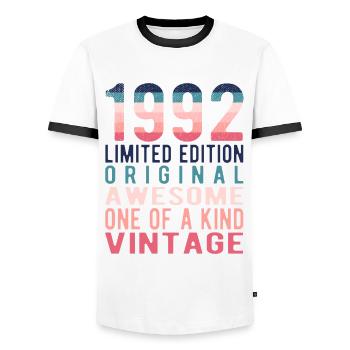 Edition limitée depuis 1992 Anniversaire Millésime 1992 - T-shirt contrasté Homme - blanc/noir - Devant - AI Model Female 172 light (172cm) & AI Model Male 178 dark (178cm)