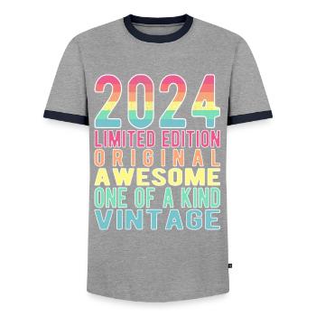 Limited Edition since 2024 Birthday Vintage 2024 - Men's Ringer Shirt - grey/navy  - Front - AI Model Female 172 light (172cm) & AI Model Male 178 light (178cm)