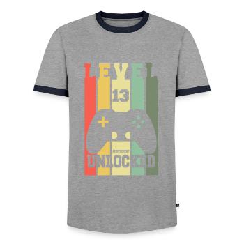 Level 13 Achievement Unlocked 13th Birthday Design - Men's Ringer Shirt - grey/navy  - Front - AI Model Female 172 light (172cm) & AI Model Male 178 light (178cm)