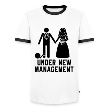 Funny Under New Management Wedding Party Gift - Men's Ringer Shirt - white/black - Front - AI Model Female 172 light (172cm) & AI Model Male 178 dark (178cm)