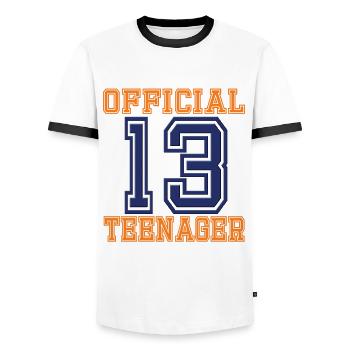 Official 13 Teenager Varsity Style For Boys, Girls - Men's Ringer Shirt - white/black - Front - AI Model Female 172 light (172cm) & AI Model Male 178 dark (178cm)