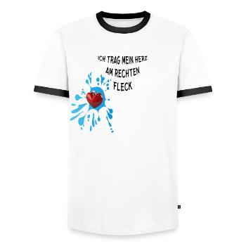 Herz am rechten Fleck - Männer Kontrast-T-Shirt - Weiß/Schwarz - Vorne - AI Model Female 172 light (172cm) & AI Model Male 178 dark (178cm)