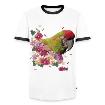 Red-fronted Macaw - Men's Ringer Shirt - white/black - Front - AI Model Female 172 light (172cm) & AI Model Male 178 dark (178cm)