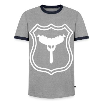 Armoiries de la fourchette à saucisse - T-shirt contrasté Homme - gris/marine  - Devant - AI Model Female 172 light (172cm) & AI Model Male 178 light (178cm)