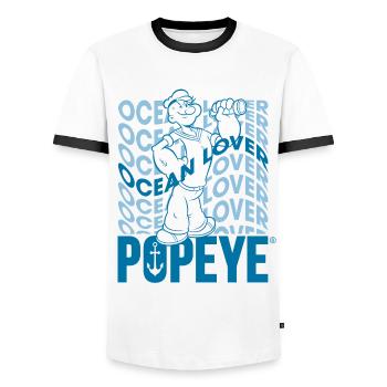 Popeye Wavy Ocean Lover - Men's Ringer Shirt - white/black - Front - AI Model Female 172 light (172cm) & AI Model Male 178 dark (178cm)