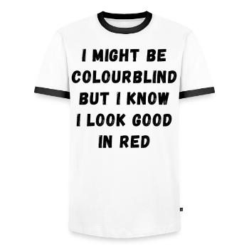 Je suis peut-être daltonien, mais j’ai fière allure en rouge - T-shirt contrasté Homme - blanc/noir - Devant - AI Model Female 172 light (172cm) & AI Model Male 178 dark (178cm)