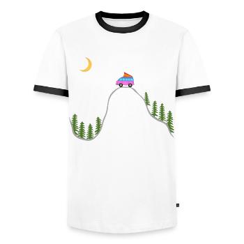 Campingbus Wald, Zelt, Camper, Wildnis, Dachzelt - Männer Kontrast-T-Shirt - Weiß/Schwarz - Vorne - AI Model Female 172 light (172cm) & AI Model Male 178 dark (178cm)