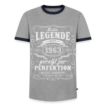 Legende seit 1963 - Männer Kontrast-T-Shirt - Grau/Navy  - Vorne - AI Model Female 172 light (172cm) & AI Model Male 178 light (178cm)