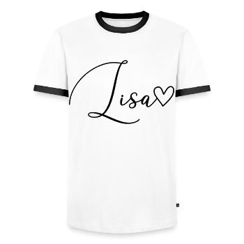 Lisa Nom de famille Prénom Fille - T-shirt contrasté Homme - blanc/noir - Devant - AI Model Female 172 light (172cm) & AI Model Male 178 dark (178cm)