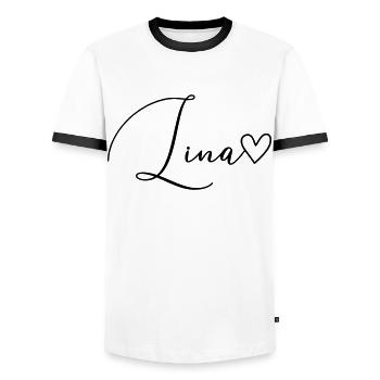Lina Nom de famille Prénom Fille - T-shirt contrasté Homme - blanc/noir - Devant - AI Model Female 172 light (172cm) & AI Model Male 178 dark (178cm)