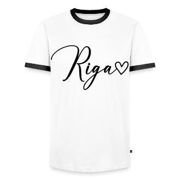 Riga Font - Men's Ringer Shirt - white/black - Front - AI Model Female 172 light (172cm) & AI Model Male 178 dark (178cm)