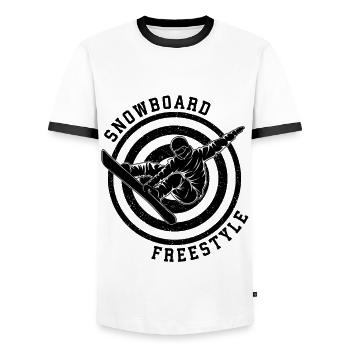 Snowboard Freestyle Snowboarding Snowboarder Sport - Men's Ringer Shirt - white/black - Front - AI Model Female 172 light (172cm) & AI Model Male 178 dark (178cm)