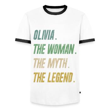 Olivia The Woman The Myth The Legend - Männer Kontrast-T-Shirt - Weiß/Schwarz - Vorne - AI Model Female 172 light (172cm) & AI Model Male 178 dark (178cm)