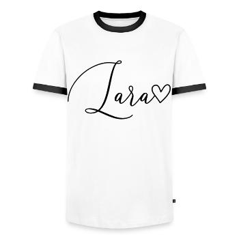 Lara Nom de famille Prénom Fille - T-shirt contrasté Homme - blanc/noir - Devant - AI Model Female 172 light (172cm) & AI Model Male 178 dark (178cm)