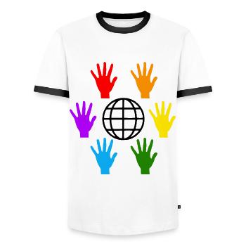We Are The World LGBTQ Hands Common Tolerance - Men's Ringer Shirt - white/black - Front - AI Model Female 172 light (172cm) & AI Model Male 178 dark (178cm)