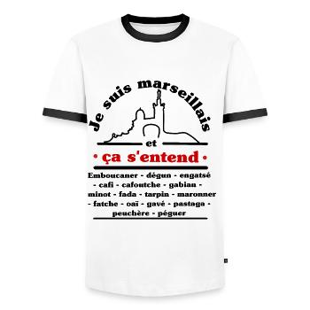 Je suis marseillais et ça s'entends ! - T-shirt contrasté Homme - blanc/noir - Devant - AI Model Female 172 light (172cm) & AI Model Male 178 dark (178cm)