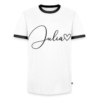 Julia Nom de famille Prénom Fille - T-shirt contrasté Homme - blanc/noir - Devant - AI Model Female 172 light (172cm) & AI Model Male 178 dark (178cm)